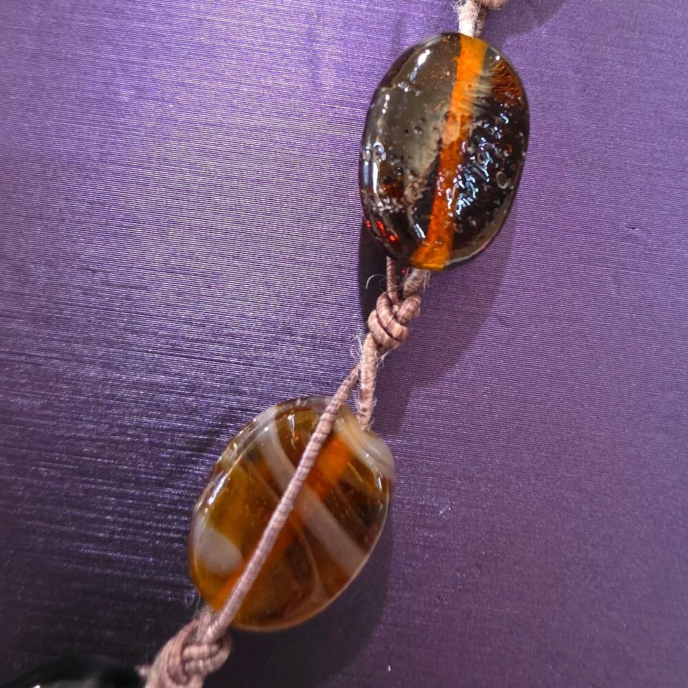 Artisan BOHO Earth Colors Rootbeer Brown Stripe Amber Art Glass Long Necklace